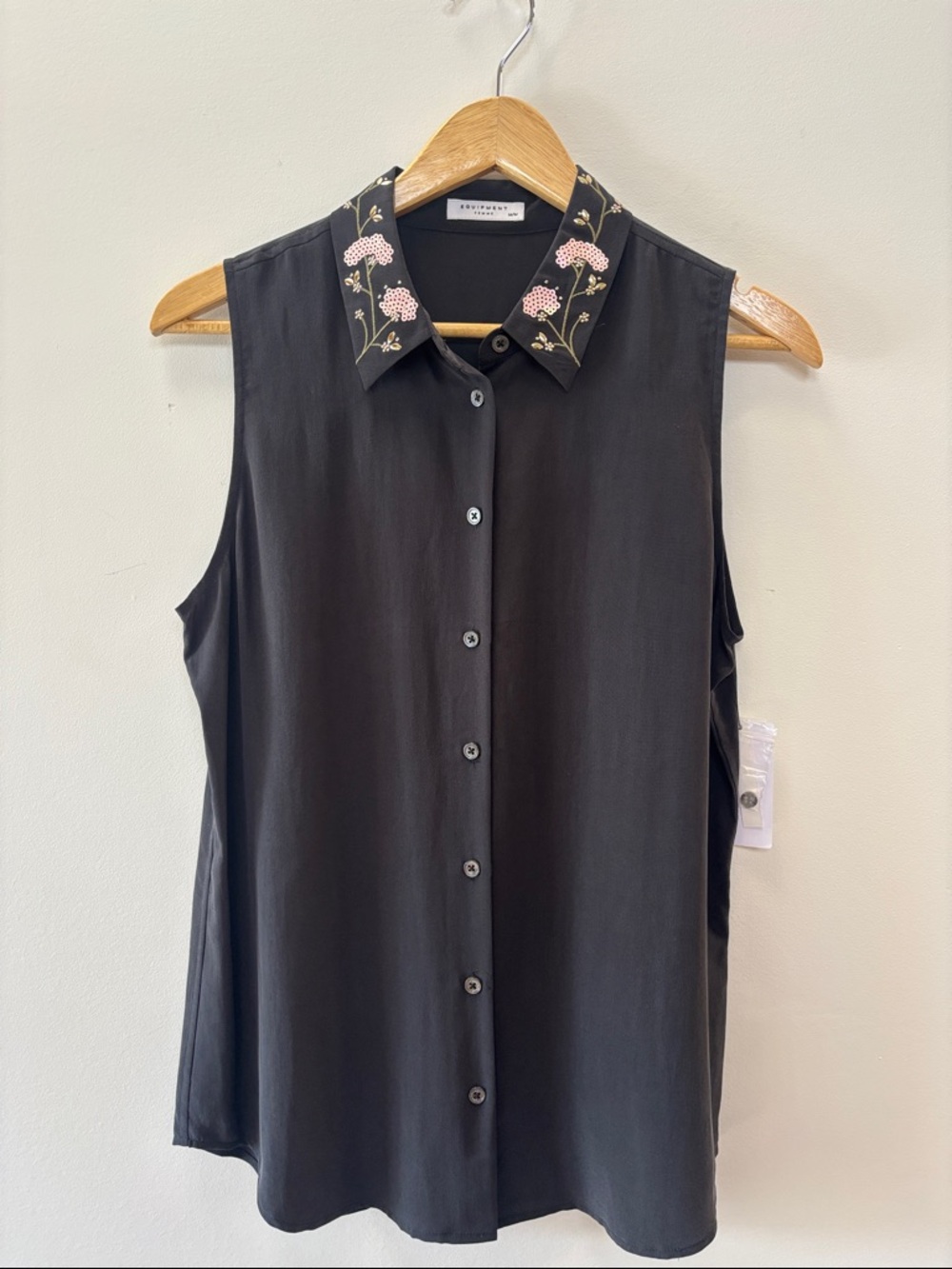 Equipment Black Sleeveless Button-Down Blouse with Floral Embroidered Collar